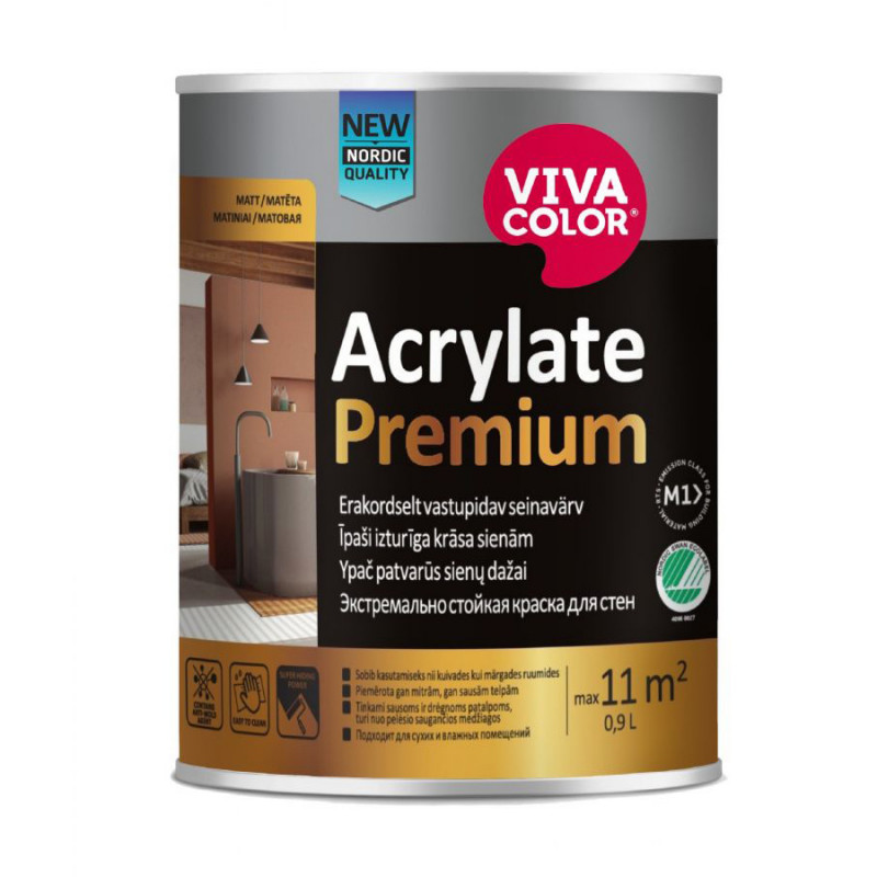 Vivacolor Īpaši izturīga krāsa sienām Vivacolor Acrylate Premium Matēta A-Bāze 0.9L - gab
