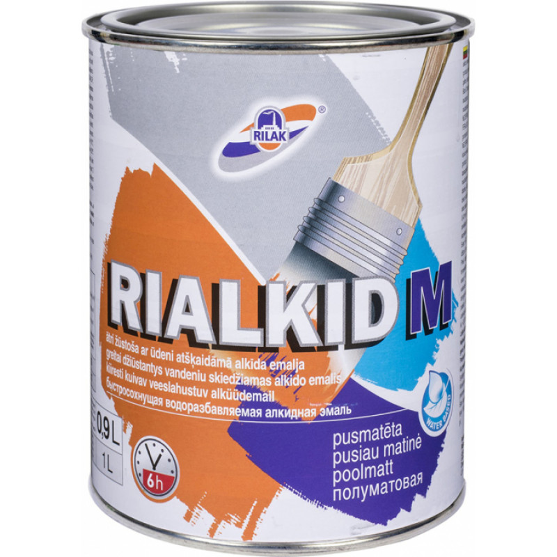 Rilak Ūdenī šķīstoša alkīda emalja RILAK RIALKID M Pusmatēta A-Bāze 0.9L - gab