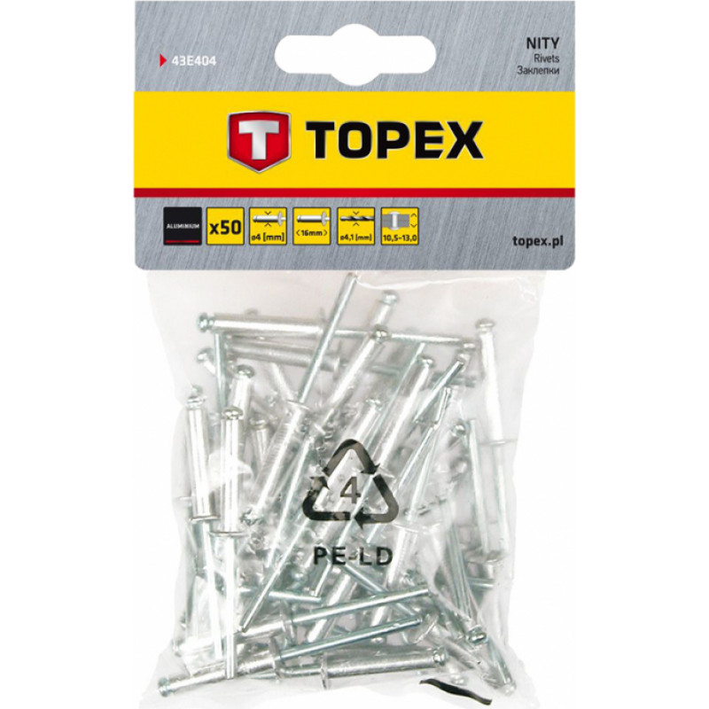 Topex Kniedes Topex, alumīnija, 4.0 x 16 mm, 50 gab, 43E404 - kmpl.