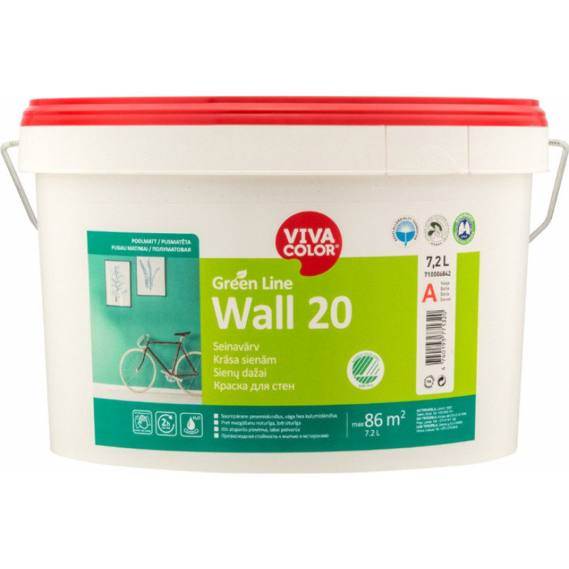 Vivacolor Krāsa sienām Vivacolor Green Line Wall 20 Pusmatēta A-bāze 7.2L - gab
