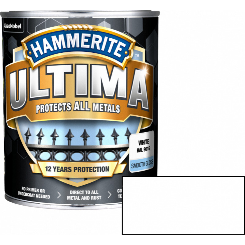 Hammerite Ultima Smooth Spīdīga ūdens bāzes krāsa metāla virsmām, balta 0.7L