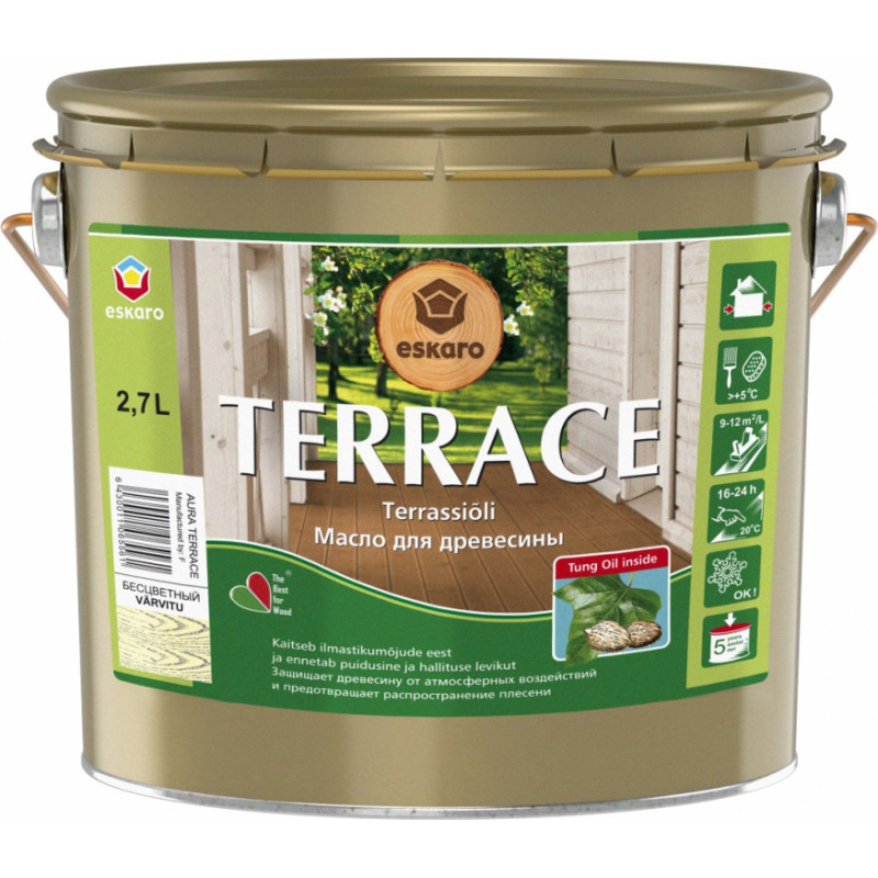 Eskaro Terrace Eļļa uz šķīdinātāju bāzes koka virsmas aizsardzībai, bezkrāsaina, 2.7L