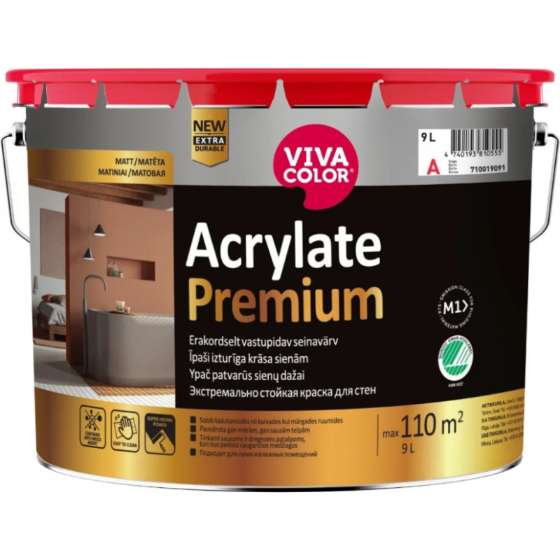 Vivacolor Acrylate Premium A  Mitrumizturīga iekšdarbu krāsa ar pretpelējuma piedevām, matēta, 9L