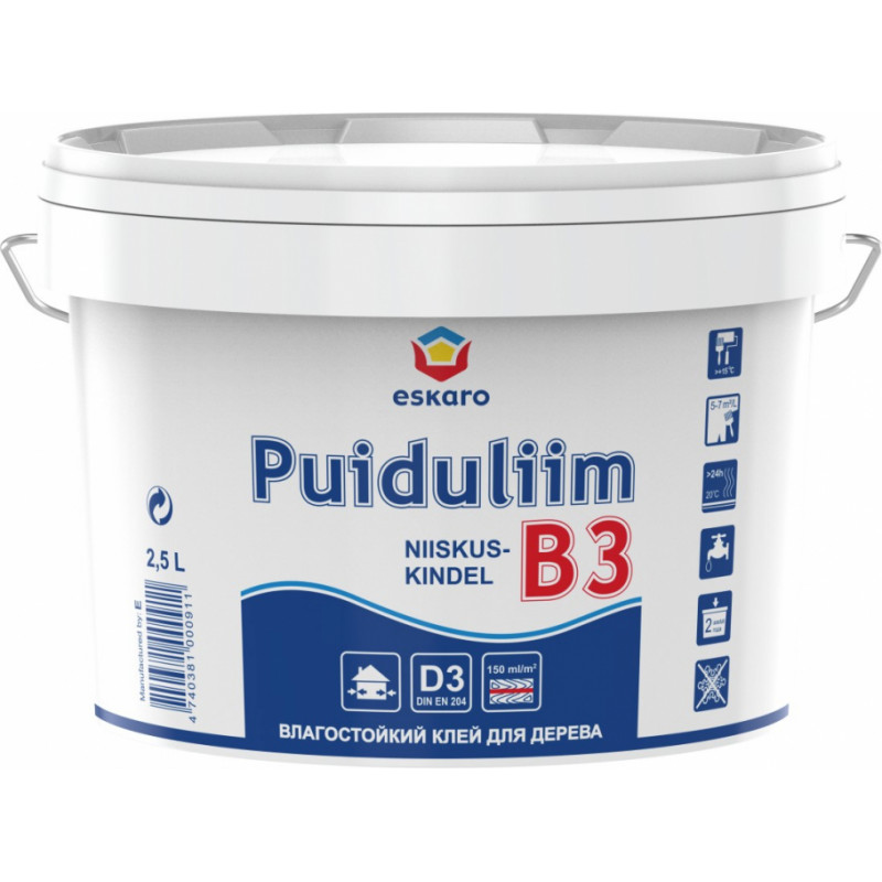 Eskaro Puiduliim B3 Mitrumizturīga vienkomponenta koka līme uz ūdens bāzes iekšdarbiem un ārdarbiem, balta, 2.5L
