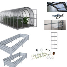 Siltumnīcas komplekts KLASIKA 3x6 m ar 6 mm polikarbonātu, jumta lūku ar automātikso atvērēju, plauktu, papildu durvīm, iesiešanas komplektu, laistīšanas sistēmu un paaugstinātām dobēm / gab