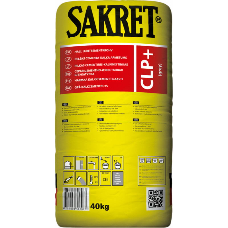 Sakret Cementa-kaļķa apmetums SAKRET CLP PLUS pelēks CSII 40KG - gab