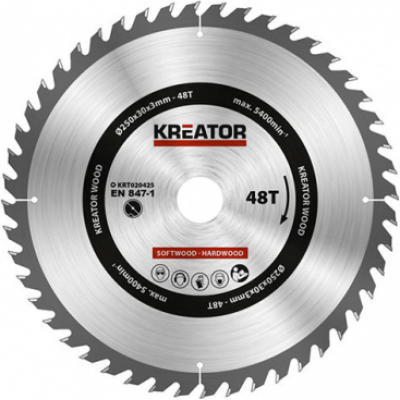Kreator Zāģa ripa kokam 250x30x3.0mm, 48 zobi Kreator